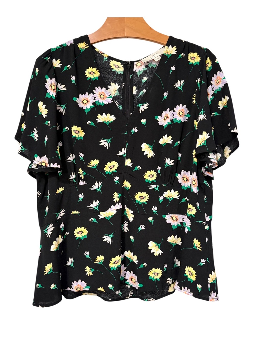LOFT Floral Peplum Blouse V-neck Short Flutter Sleeves Sz 12